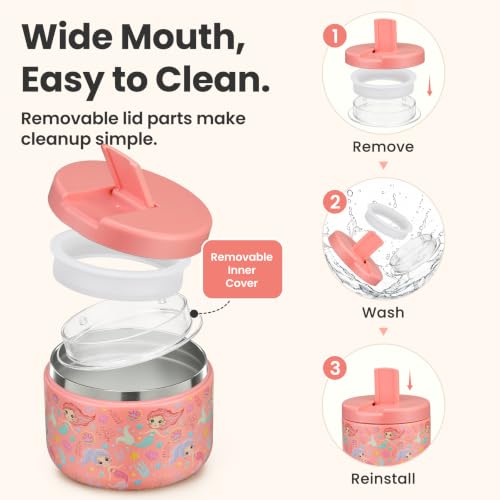 12oz Insulated Vacuum Food Jar with Buckle Lid Wide Mouth Soup Thermo for Hot Food Kids Leakproof Stainless Steel Lunch Container (Pink-Mermaid / 12OZ)