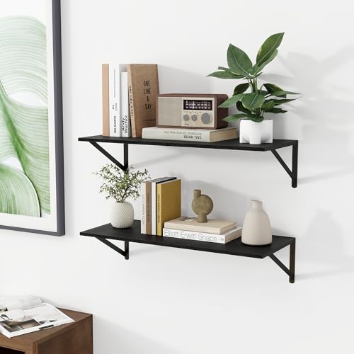 28W x 12D Deep Floating Shelves Set of 2 Black (Black With Black Metal Bracket / 28Wx12Dx5.8H)