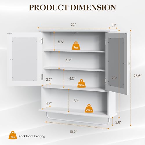 22x25 Bathroom Medicine Cabinet with Mirror (White / 5.1"D x 22"W x 25.6"H)