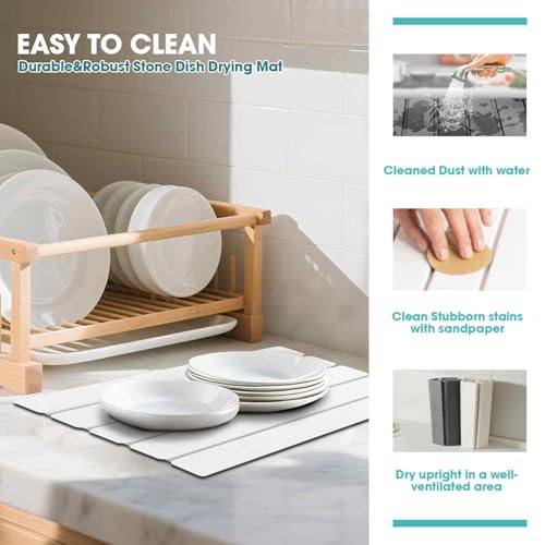 Dish Drying Mat Stone Bath Mat Diatomaceous Earth Stone Drying Mat For Kitchen Counter Sink Bath Mat Quick Dry Non Slip Foldable Dish Drying Rack Mat Small (16" x 12")