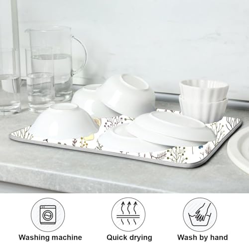 Cute Mushroom Wild Plant Dish Drying Mat for Kitchen Counter Absorbent Microfiber Drying Pad (18" x 24")