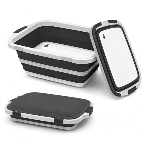 BBQ Prep Tub 16L Black Collapsible Sink with Cutting Board Lid (Black / X-Large)