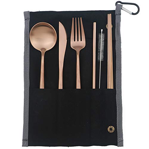 Portable 6 Pieces Flatware Set (Black Pouch / Rose Gold)