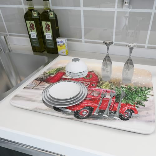 Red Truck Dish Drying Mat Xmas Tree Dish Drainer Rack Mat Winter Microfiber Absorbent Drying Pad for Home Kitchen Counter Decor 18x24 Inch (Xmas Red Truck / 18" x 24")