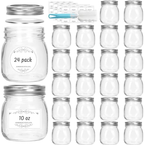 24 Pack 10 oz Clear Glass Mason Jars with Silver Metal Split Lids (10 oz - 24 Pack)