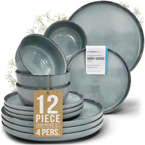 12 Piece Stoneware Dinnerware Set for 4 (Rustic / Smoke Blue / Set for 4 (12pcs))