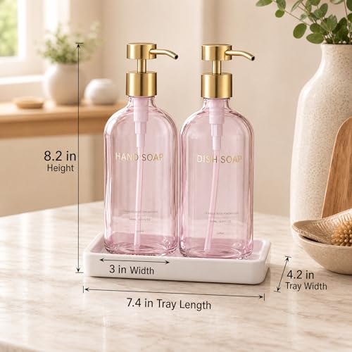 Glass Kitchen Soap Dispenser Set with Ceramic Tray (Pink Bottles + Gold Pumps)