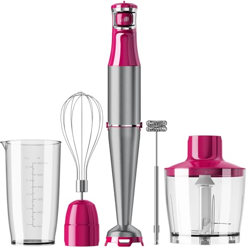 Immersion Blender Handheld Corded Hand Blenders Set 1100W (Rose Red / 5 in 1)
