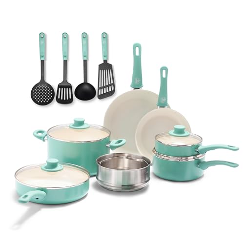 Soft Grip Healthy Ceramic Nonstick (15 Piece Cookware Set / Turquoise)