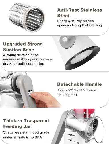 Rotary Cheese Grater Vegetable Shredder With 6 Interchangeable Blades No Slip Suction Base (White Grey / 6 Blades)