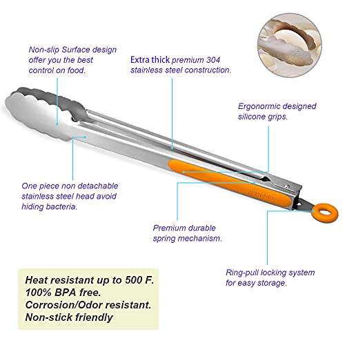Premium 304 Stainless Steel Tongs Set (9" & 12" / Orange)