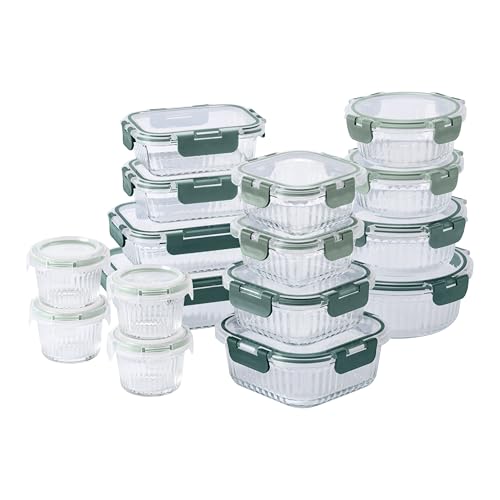 Premium 32 Pc. Borosilicate Glass Food Container Set with Dividers (Fluted Ombre Green)