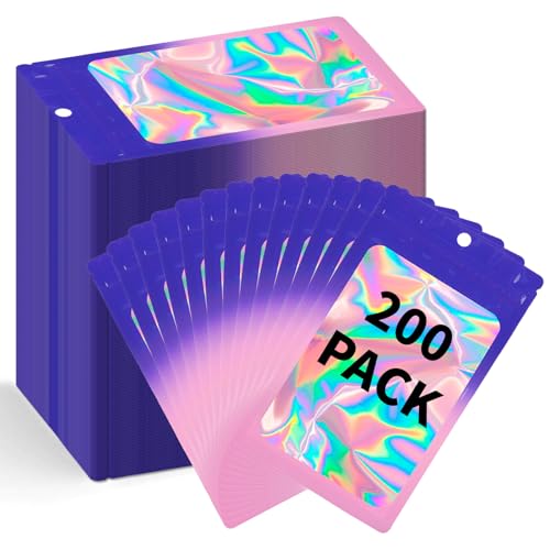 200 Pack Resealable Mylar Holographic Bags Food Storage Smell Proof Bags with Front Window Foil Packaging Pouch for Candy Sample Jewelry Small Business 3.15×5.51 Inch (200 Count)