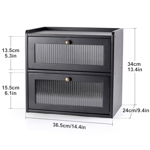 Bread Box for Kitchen Countertop Wooden Bread Storage Container Bin 2 Layer Breadbox Holder Large Capacity Keeper Vintage Farmhouse Food Organizer Pantry Shelf Acrylic Window（Black） (Black)