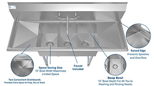 3 Compartment Stainless Steel NSF Commercial Kitchen Sink with Faucet and Cross braced Legs (2 Drainboards W/ Faucet)