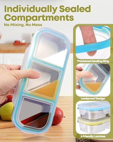 2 Pack Stainless Steel Snack Containers (3 compartment Blue Yellow)