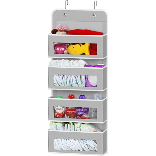 4 Clear Window Pocket Over Door Hanging Organizer (4 Pockets / Gray)