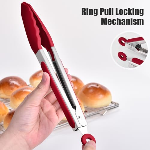 Kitchen Tongs with Silicone Tips for Cooking Serving (Set of 2 (9+12in) / Red)