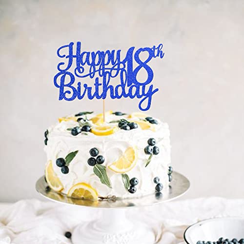 1 PCS Happy 18th Birthday Cake Topper Glitter Cheers to 18 Years Birthday Cake Pick 18 Fabulous Cake Decoration for Happy 18th Birthday Theme Party Decorations Supplies Blue (Blue / 18th)