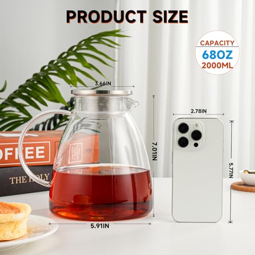 68OZ 2000ML One Touch Glass Teapot with Stainless Steel Filter Lid (68OZ (Square Bottom))