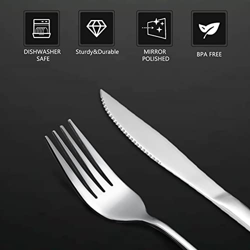 12 Pcs Silverware Set with 6 Steak Knives and 6 Dinner Forks (8.1-9.1inches Steak knife set-12p)