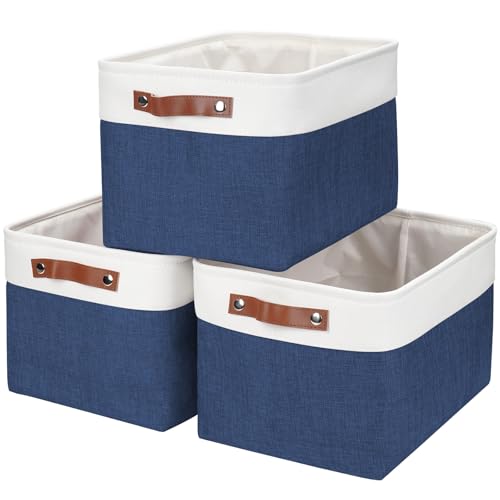 Storage Bins Large Fabric Storage Baskets for Shelves 3 Pack (NavyBlue / Off-White / Large -15"x11"x9.5")