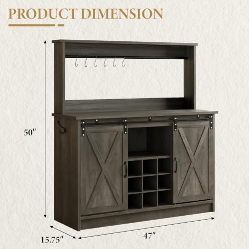 47" Farmhouse Coffee Bar Cabinet with Storage Hutch (47Inch / Grey)