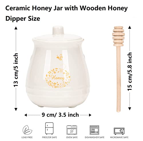 Ceramic Honey Jar with Wooden Honey Dipper (Honey Jar-White)