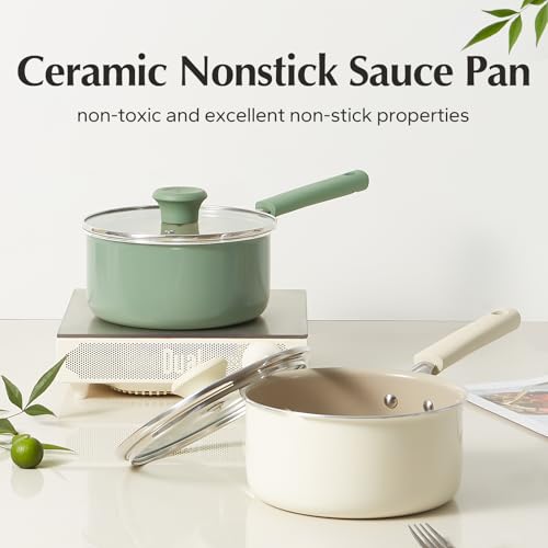 Ceramic Nonstick Saucepan with Lid (3 Quarts / Cream)