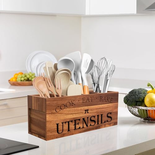 Extra Large Utensil Holder Countertop for Kitchen Counter (Acacia Brown)