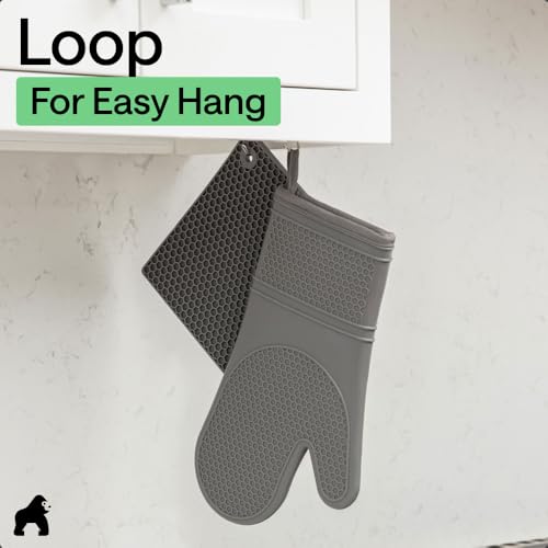 BPA Free Silicone Oven Mitts and Pot Holders Set (Gray / 12.5" Oven Mitts + 7" Trivets)