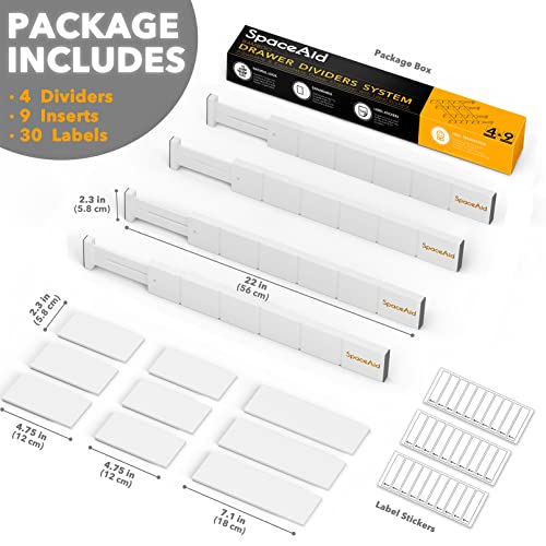 Bamboo Drawer Dividers with Inserts and Labels (2.35''H, 17''-22''L, 4 Dividers / WHITE)