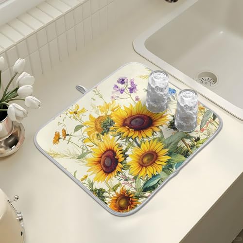 Blooming Sunflowers Dish Drying Mat for Kitchen Counter Absorbent Microfiber Large Drying Pad Dish Mats for Kitchen Countertops 18 x 24 Inch (24" x 18")