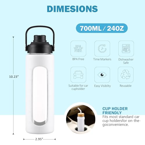 24 oz Glass Water Bottle with Straw and 2 Lids (White / 24 Ounces)