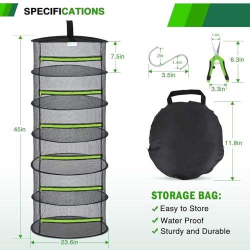 6 Layer Herb Drying Rack Hanging Mesh Net Foldable Plant Drying Racks 24" w Green Zipper Pruning Shears Hook Dryer Hanging Rack for Herbs Seed Bud Fruit Clothes Grow Tent Closets Garden Outdoor