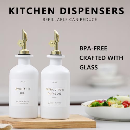 Olive Oil Dispenser for Kitchen (12oz-White&Gold Spout+Tray / 11.8 fl oz)