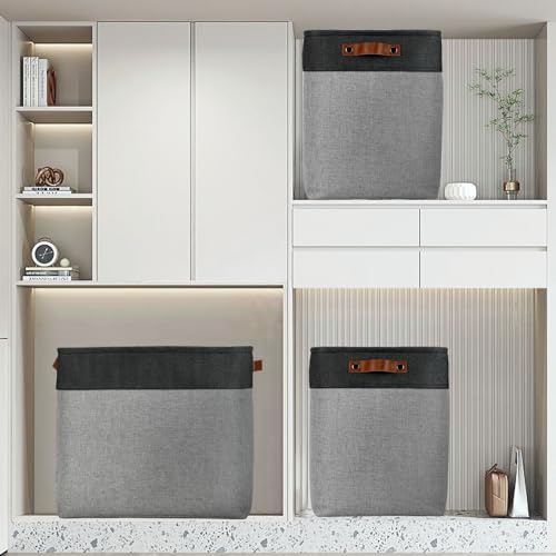 Grey Storage Baskets for Organizing 3 Pack Fabric Shelf Baskets for Gifts Empty Large Storage Organizer for Closet (Black&Grey / XXL-17"x12"x15")
