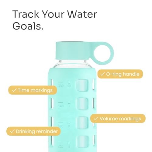40oz / 32oz / 22oz / 12oz Borosilicate Glass Water Bottle with Time & Volume Markers, Silicone Sleeve, Stainless Steel Lid | Reusable Glass Bottle for Water & Juice (12oz Glow-in-the-Dark) (Glow-in-the-Dark (1 Count) / 12 Ounces)