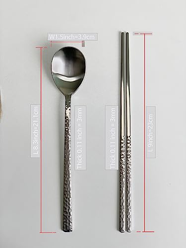 Korean Made Silver Glossy Hammered Stainless Steel Korean Spoon & Chopstick SET Gift for Mom Stocking Stuffer (4SET)