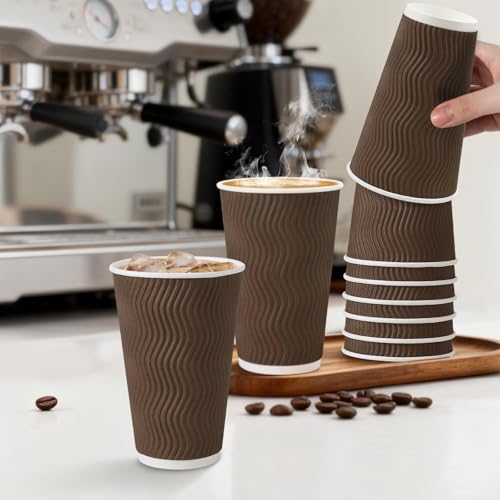 90 Pack 16 oz Disposable Paper Coffee Cups Insulated Brown (Brown / 16 oz)