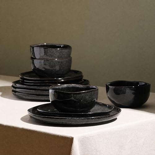 Mirella 24 Piece Stoneware Round Kitchen Dinnerware Set with Plates and Bowls (Charcoal / 24-Piece - Service for 8)