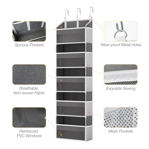Over the Door Organizer with 5 Front & 10 MeshSide Pockets (Grey)