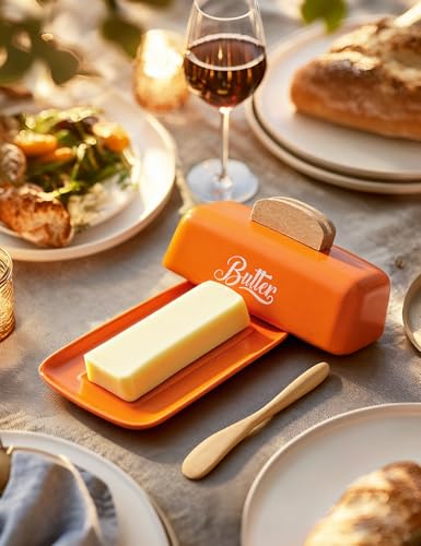 Butter Dish with Lid and Knife Butter Tray Holder for Counter Orange (Orange)