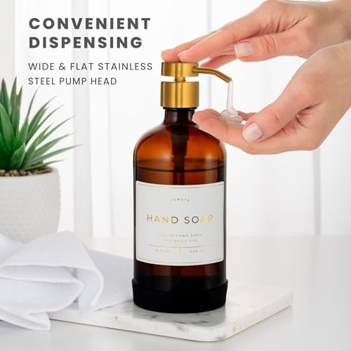 Hand and Dish Soap Dispenser for Kitchen and Bathroom (Amber Bottle / Brushed Gold Pump)