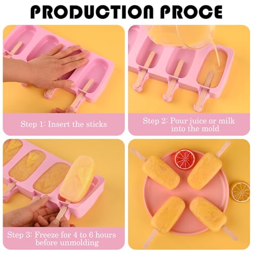 3 Pack Large Silicone Popsicle Molds with 150 Pcs Wooden Sticks (3 Pcs Large - Pink)