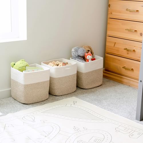 13 Inch Cube Storage Bins Cotton Rope Woven Baskets for Organizing 3 (Off White & Mixed Brown / 13 x 13 x 13 (Standard))