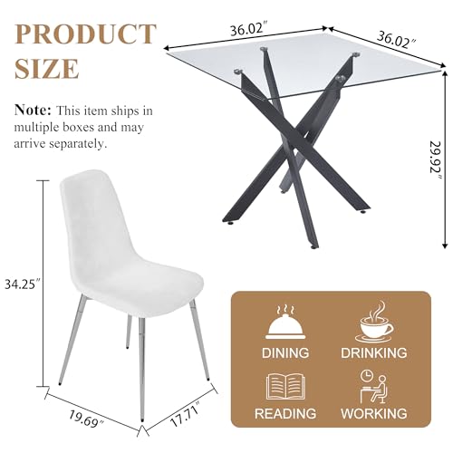 36” Square Glass Dining Table Set for 4 (Black Square Table/Blue Velvet Chairs / 5 Pieces)