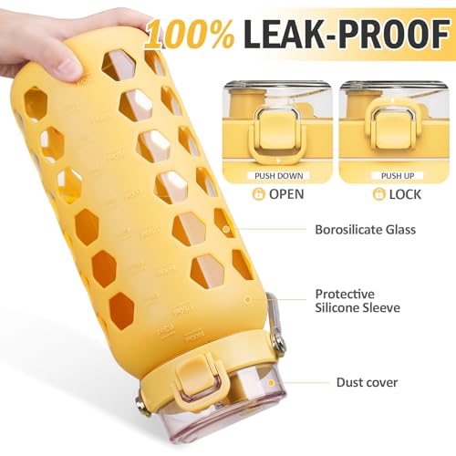64oz Glass Water Bottle with Straw and Lid (Yellow / 64 Ounces)