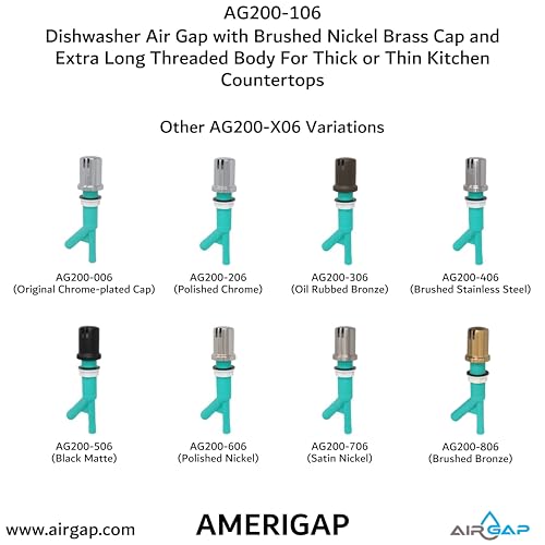 Dishwasher Air Gap with Skirted Brushed Nickel Brass Cap and Extra Long Threaded Body for Thick or Thin Kitchen Countertops (AG200-106)