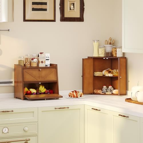 Corner Bread Box for Kitchen Counter Double Layer Bamboo Bread Storage Container Large Capacity Bread Storage Bin Farmhouse Breadbox Organizer (Antique Brown)
